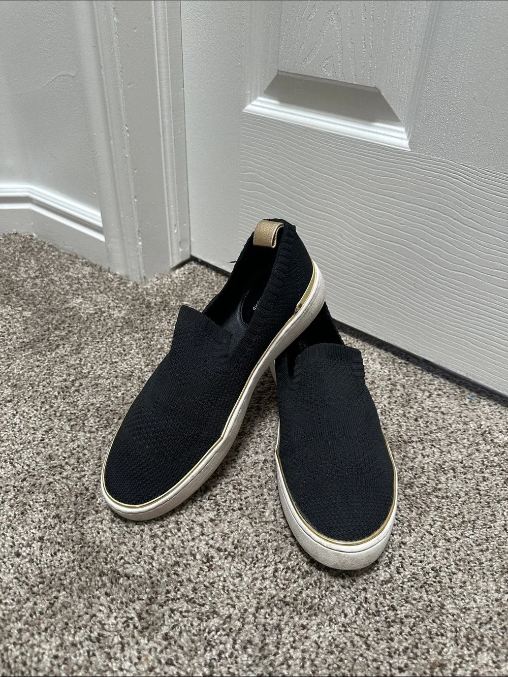Women’s Black Slip-On Knit Sneakers with Gold Accent